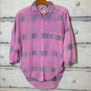 Vintage Heshy Pink Button Up Top Retro Geometric Medium 80's